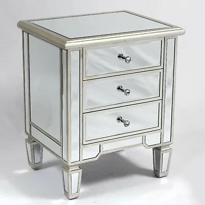 £100 • Buy Mirrored Bedside Table Cabinet Venetian Design Three Drawer Nightstand Storage