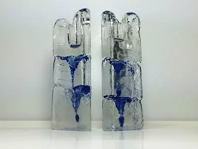Signed Thorn Blue Ice Art Glass Candlestick Holders • $58.87