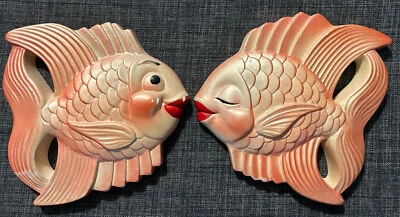 $17 • Buy Vintage 1954 Miller Studio 2 Kissing Fish Chalkware Wall Plaques Peach (pink)