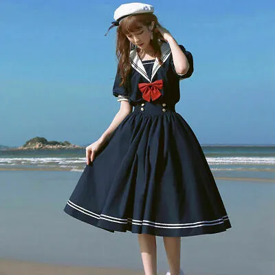 Dress Sailor Collar Girls Women Lolita Ruffle Kawaii Navy Cute Japanese Cosplay • £18.59