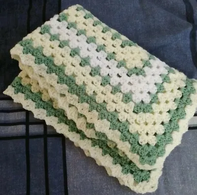 New Handmade Crochet Baby Unisex Multi Purpose Blanket Lemon Green&White. L@@K! • £19.95