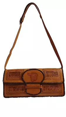 VTg Tooled Mexican Leather Shoulder Hand Bag Purse Embossed Boho Western • $59.99