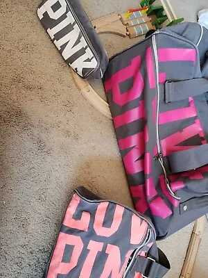 Victorias Secret Pink GRAPHIC  3 Pc Wheelie Duffel Bag Carry On Luggage Set • $90