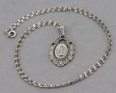 Vintage Sterling Mother Of Pearl Marcasite Miraculous Medal Pendant Necklace • $29.99