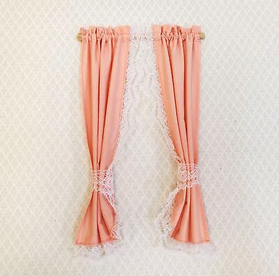 Dollhouse Miniature Curtains Peach With Lace & Curtain Rod 1:12 Scale Handmade • $14.75