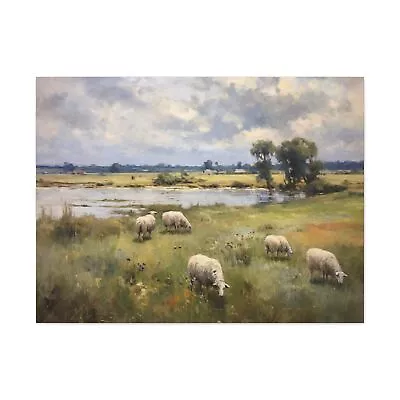 Sheep Painting Print Vintage Large Wall Art Farmhouse Landscape Meadow Canvas • $199.99