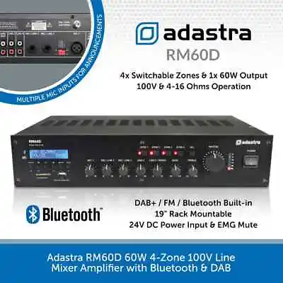 Adastra RM60D Bluetooth DAB Mixer Amplifier 60W 100V 19  Rackmount PA Install • £197