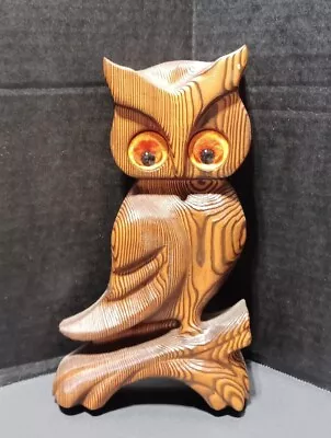 Vintage Wooden Owl Bird Wall Hanging Mid Century Orange Yellow Eyes • $19.99