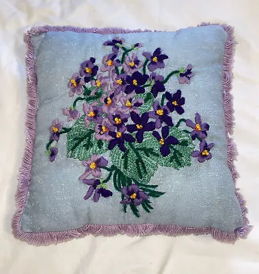 Vntg Crewel Hand Embroidered Needle Craft Decorative Throw Pillow Violets 14” • $21.99