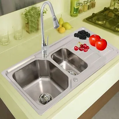£76.95 • Buy 1.5 Double Bowl Kitchen Sink Stainless Steel Corrosion Resistant Dual Sink Basin