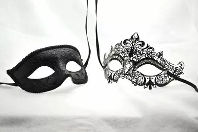 His & Hers Masquerade Masks -2 Piece Black Laser Cut Metal Venetian Masks Set • $28.50