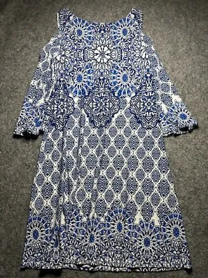 MSK Women's Maxi Dress Size Large Off The Shoulder Blue And White Design • $21