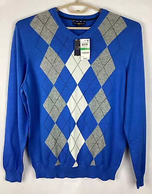 Club Room Men's Size Large Blue Argyle Cotton V Neck Pullover Sweater New • $12