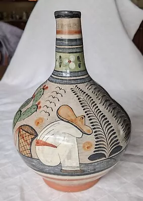 Siesta Hour - Vtg Mexican Tonala Pottery Burnished Water Jug W/Cactus & Basket  • $29