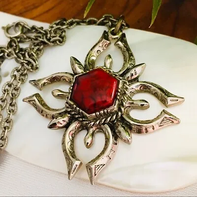 Vintage ART Maltese Cross Pendant Silver Necklace Arthur Pepper Red Stone 4305 • $59.98