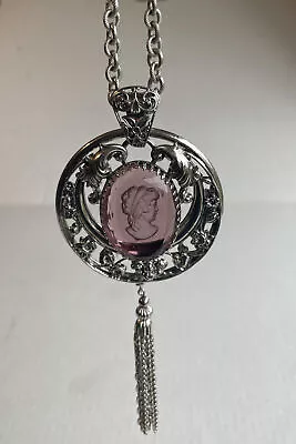 Vtg Glass Purple Cameo Intaglio Pendant With Tassle Statment Necklace 24” Long • $36.03