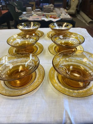£93.91 • Buy Vintage Bohemian Amber Cut To Clear Crystal 6Plates  With 6 Bowls