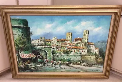 Vtg Oil On Canvas Painting~Listed Artist K. Woods~Mediterranean Cityscape~24x36 • $75