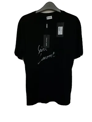 BNWT SAINT LAURENT Black Signature Logo-Print Cotton  T-shirt In SIZE XS • £300