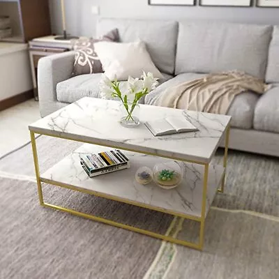 Roomfitters White Marble Print Coffee Table Gold Metal Legs Living Room Table • $349.99