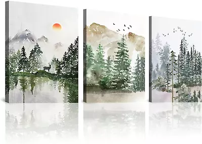 Framed Canvas Wall Art 3 Piece (12Inx16In) Birds With Misty Forest Pine Print  • $74.51