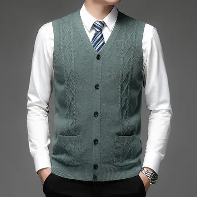 Mens V Neck Sleeveless Vest Jumper Button Up Sweater Tank Top Cardigan Casual • $30.20