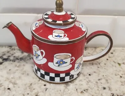 Kelvin Chen 3  Miniature Enamel Teapot With Coffee Mugs Red Black White Checks • $21.99