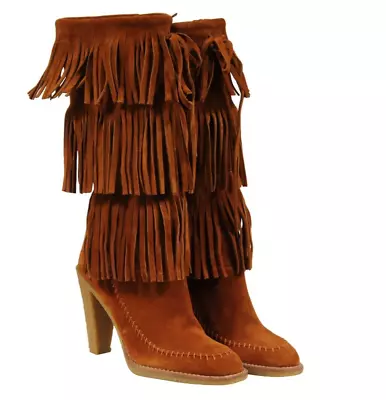 Michael Kors Womens Fringe Western Boots Crepe Sole US 7.5 Tan Brown Suede • $243.15