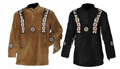 Mens Western Black Buckskin Suede Leather Fringe Mountain Man Beaded Shirt WS60 • $109.50
