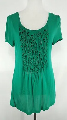 MNG By Mango Juniors Knit Top Size L Casual Green Ruffle Short Sleeve Semi Sheer • $15.99