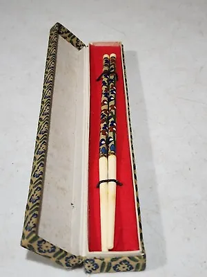 Vintage Set Of NEW Chinese Cloisonne Blue Floral Enamel Chopsticks In Box • $21.95
