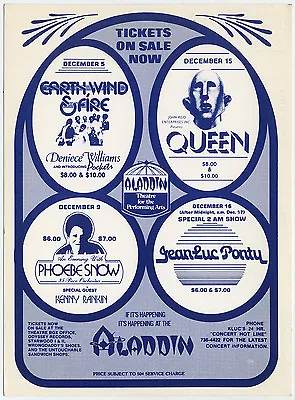 $74.95 • Buy QUEEN, Phoebe Snow EARTH WIND & FIRE Original 1977 Las Vegas Concert Handbill 
