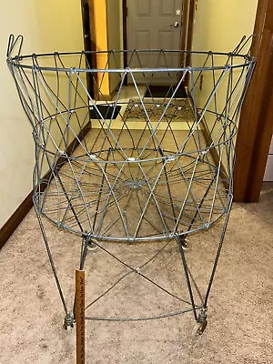 Allied Co. Vintage Collapsible Folding Wire Basket Laundry Rolling Cart Handles • $125