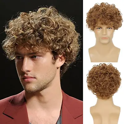 Mens Short Curly Light Brown Wig With Bang Synthetic Cosplay Halloween Costume P • $31.24