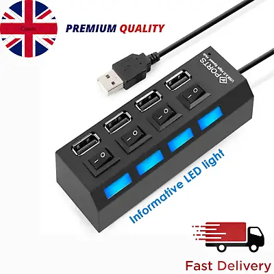 High Speed 4 Port USB 2.0 Multi Hub Splitter Expansion Desktop PC Laptop Adapter • £4.59