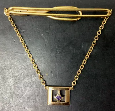 Freemason Masonic Square & Compass Gold Tie Bar/Clip W Chain. Swank. Mint • $10