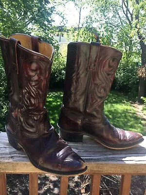 Vintage Acme Dark Burgundy Leather Cowboy Western Boots Mens 8 D Flame Stitch • $24.99