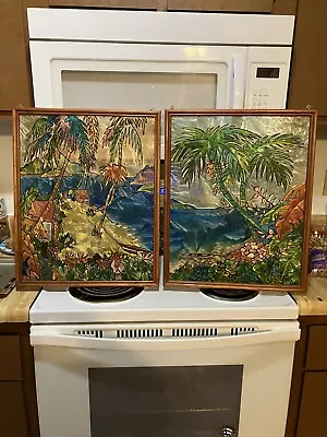 Vintage Hand Painted  Stained Glass Windows (2) Framed & Ready To Hang 1960’s • $250