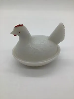 Vintage Milk Glass Hen On Nest Covered Egg Dish 4.5  - Two Pieces Red & White • $49.28