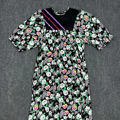 Vintage Liberty House Womens Dress 14 Black Muumuu Made Hawaii Floral Polyester • £27.98