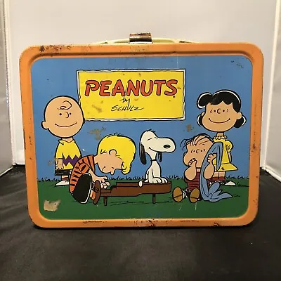 Vintage 1970s Peanuts Metal Lunch Box Orange Rim No Thermos Charlie Brown Snoopy • $22.50