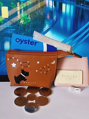 ✍️👨new Radley Brown Leather Coin Credit Card Holder Purse Dog Star Design Front • £27.98