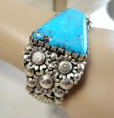 VTG NAVAJO CLEM NALWOOD LARGE TURQUOISE STERLING SILVER CUFF BRACELET 54g SIGNED • $950