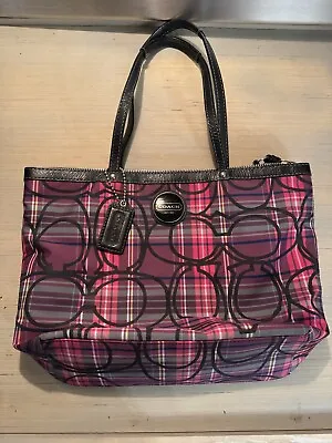 COACH 15229 Signature Stripe Pink & Black Tartan Plaid Shoulder Handbag Tote • $55