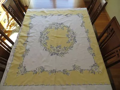 Sweet  & Springy Vintage Printed Cotton Tablecloth Yellow Gray Leaves • $18