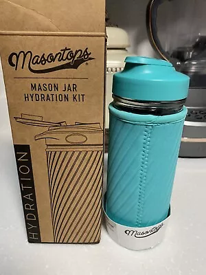 MASONTOPS Mason Jar Hydration Kit Glass Water Bottle W/ Neoprene Turquoise NEW • $10