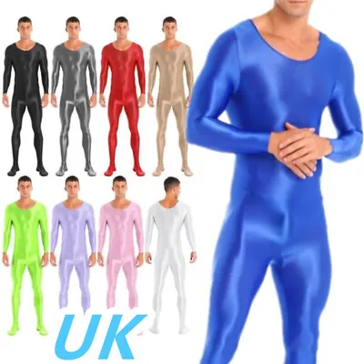 UK Men Sexy Glossy One Piece Bodysuit Bodystocking Long Sleeve Jumpsuit Catsuit • £7.69
