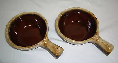 Vintage USA Western Monmouth Brown Drip Soup Stoneware Bowls W/handles Set Of 2 • $9.99