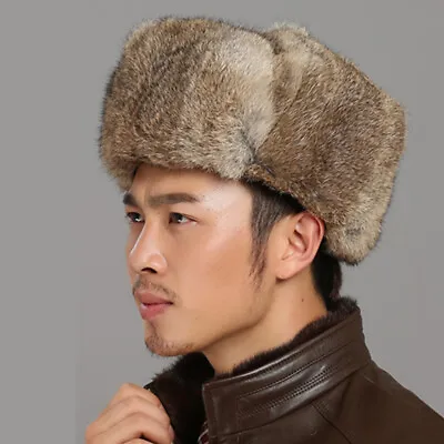 Men Rabbit Fur Russian Cossack Hat Trapper Hats Ushanka Aviator Ski Cap Winter • £38.69