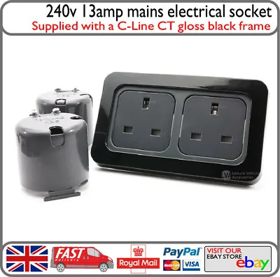 C-Line 240v Double Mains 13amp Socket W/ Backbox Gloss Black Caravan Motorhome • £19.99